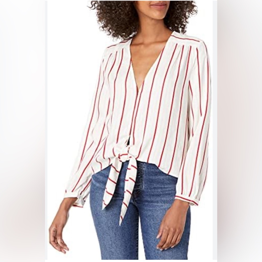 Just One Answer Wrap Long Sleeve Vertical Red Striped White Top Womens Large EUC